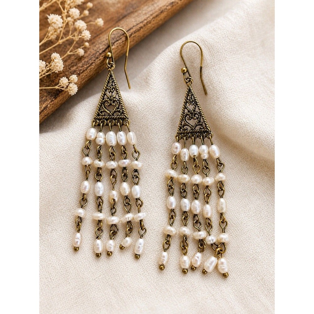 Vintage 1970s Pearl Chandelier Earrings Boho Baroque Filigree Tassel Dangle Drop